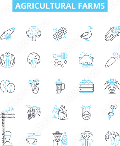 Agricultural farms vector line icons set. Farms, Agriculture, Crops, Cultivation, Plantations, Horticulture, Irrigation illustration outline concept symbols and signs
