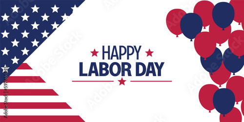 Happy Labor Day template American national holiday illustration with US flag and balloon ornament, design for banner, greeting card, invitation, social media, web.