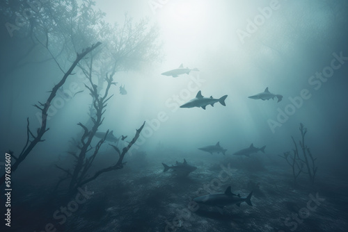 A school of sharks flying in a foggy fantasy landscape  surreal.