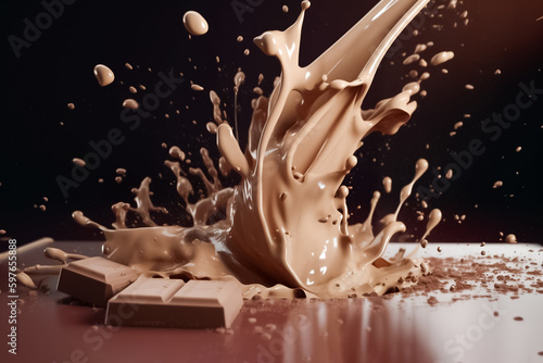 The deep, luscious tones of luxury red chocolate flow and splash in an exquisite display of decadence, evoking a sense of indulgence on dark background. generative AI.