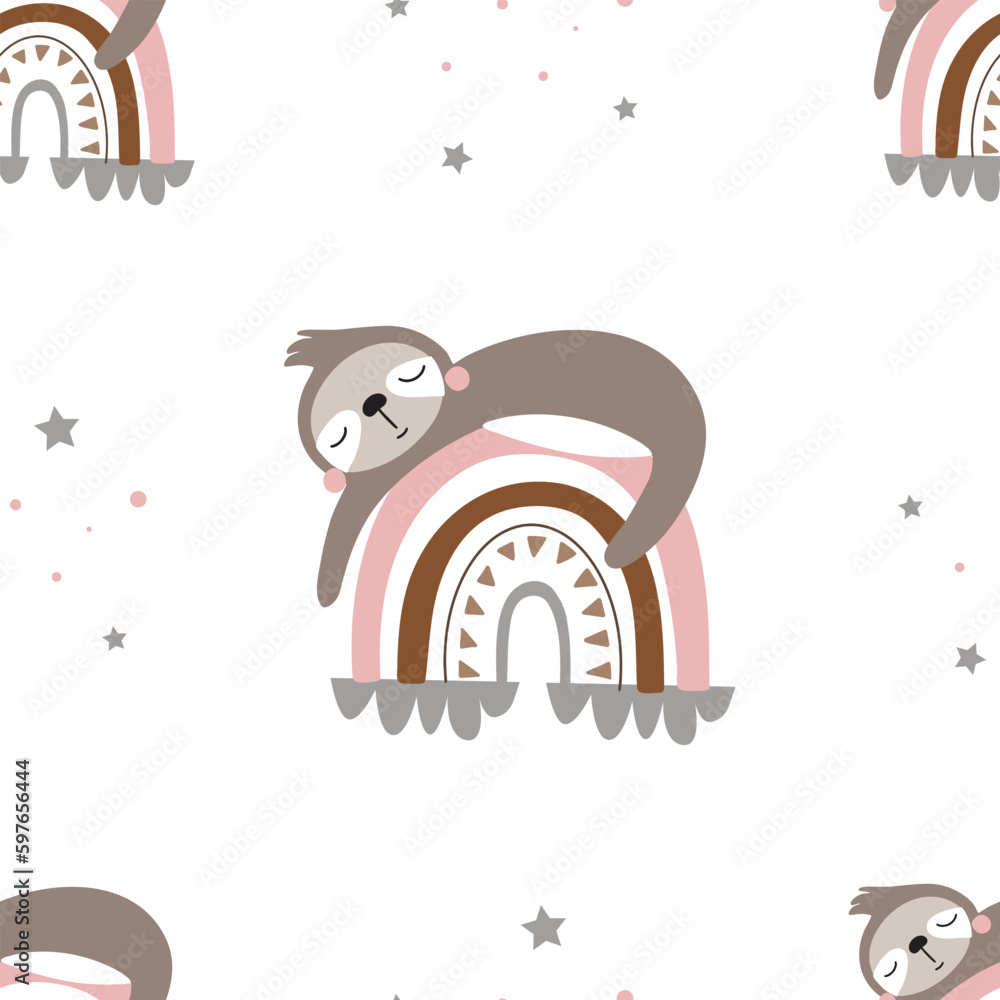 Naklejka premium seamless pattern with cute sloth and rainbow - vector illustration isolated on white background for your design