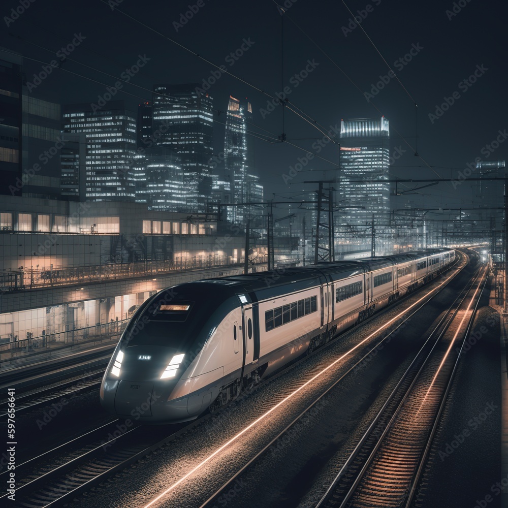 Naklejka premium train in the city at night.