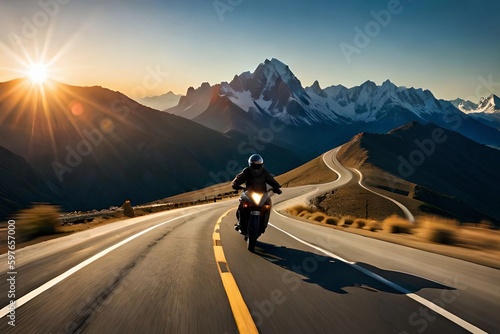 Illustration of a biker riding a sportbike alone on an empty mountain road. Symbolizing freedom, adventure, personal journey, and escape photo