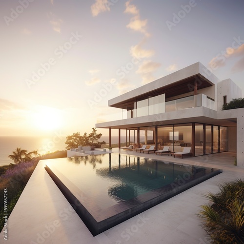 Luxurious modern house with swimming pool with sky view. photo