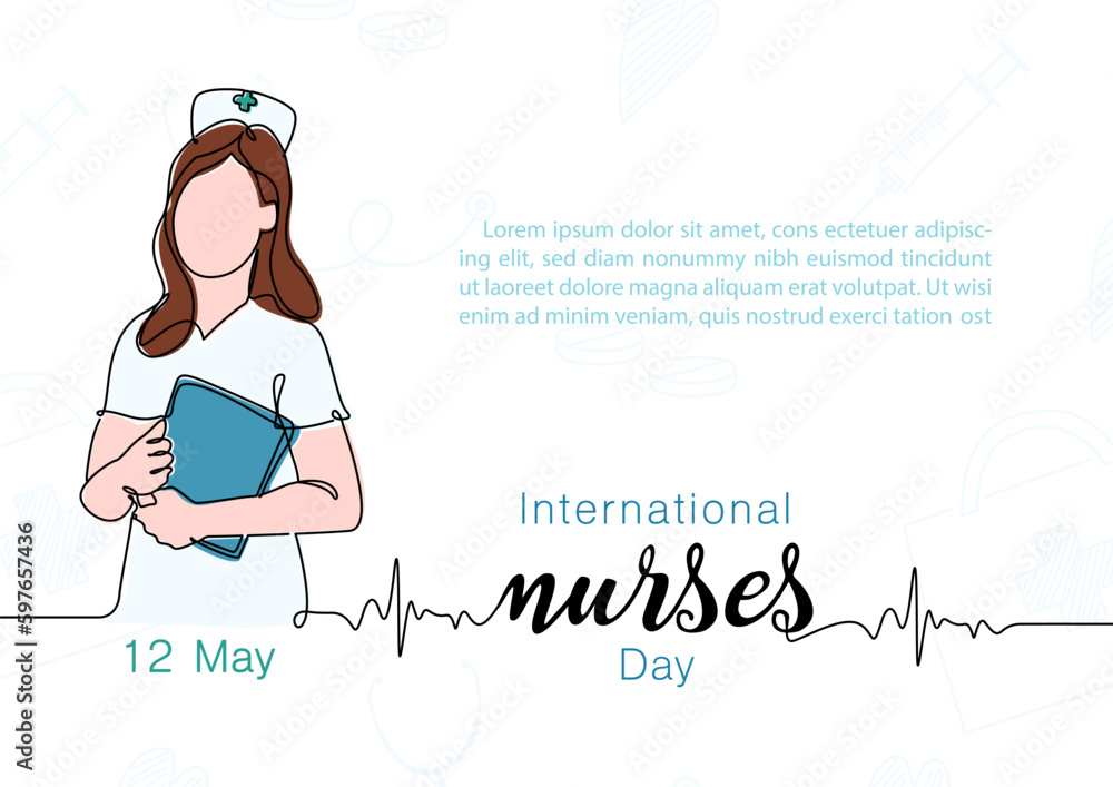 Nurse in cartoon character and one line style with wording of Nurses day, example texts on white background. Poster campaign of International nurses day in vector design Nurse in cartoon character and one line style with wording of Nurses day, example texts on white background. Poster campaign of International nurses day in vector design