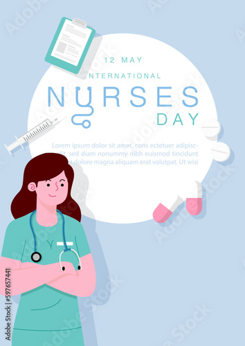 Nurse in cartoon character with wording of Nurses day, example texts on white banner and blue background. International nurse day poster's campaign in flat style and vector design.