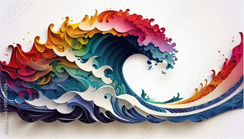 Fotografie, Obraz Colorful ocean wave paper cut - Gen Ai