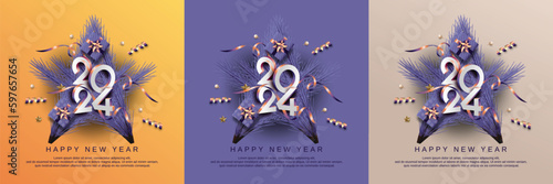 2024 new year celebration design template. Happy new year 2024 with 3D number on pine star background