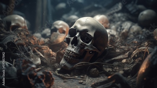 haunting scene of humans skulls and debris, digital art illustration, Generative AI