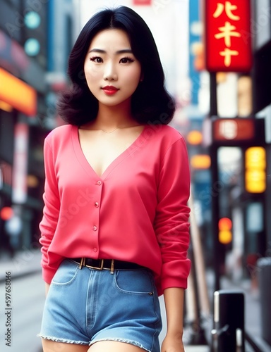 portrait retro of a japanese woman in the city, generated IA photo