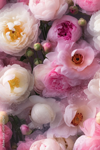 Seamless pattern texture of lush white and pink peonies in dew drops. AI generation