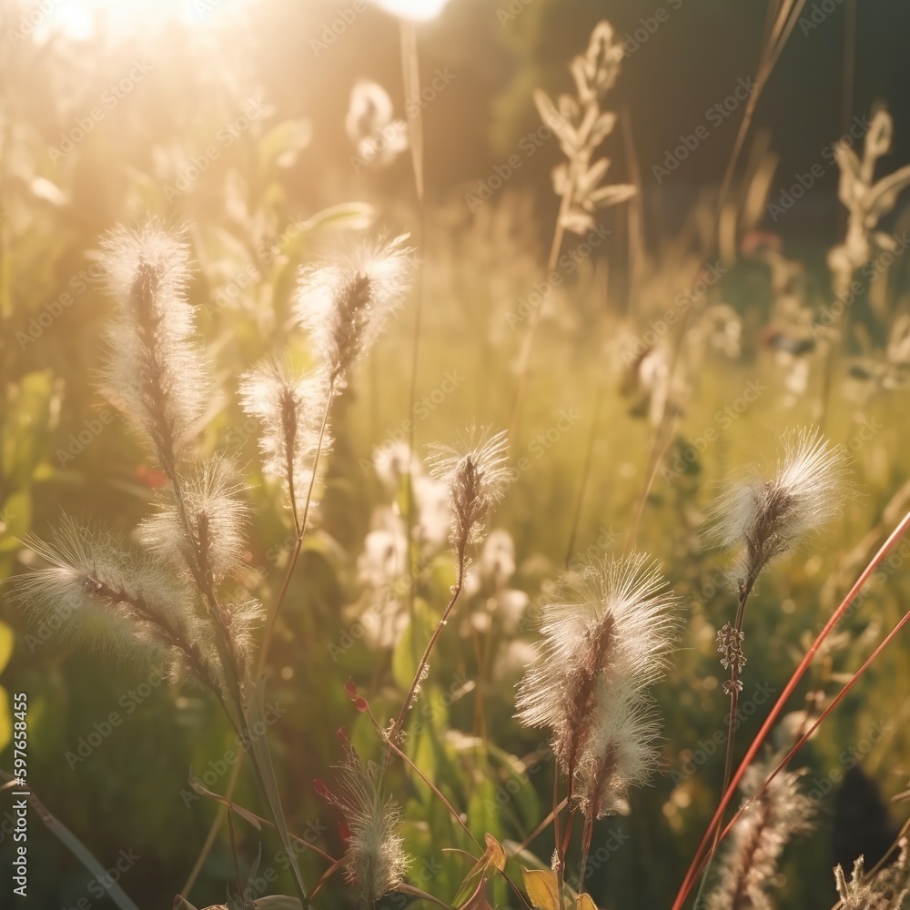 Warm summer morning grass in a natural meadow, close-up, with background blurred.