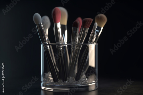Makeup brushes in glass holder on gray background  Generative AI  