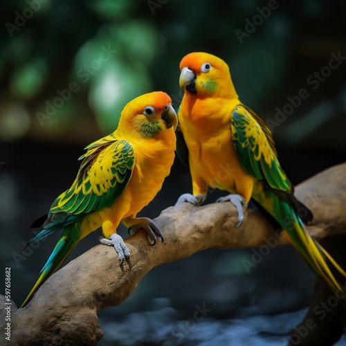 yellow and green parrots in the park.