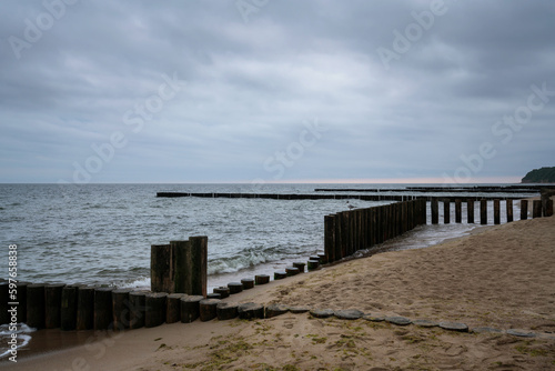 View of the Baltic Sea and wooden breakwaters of the city beach on a cloudy summer day  Svetlogorsk  Kaliningrad region  Russia