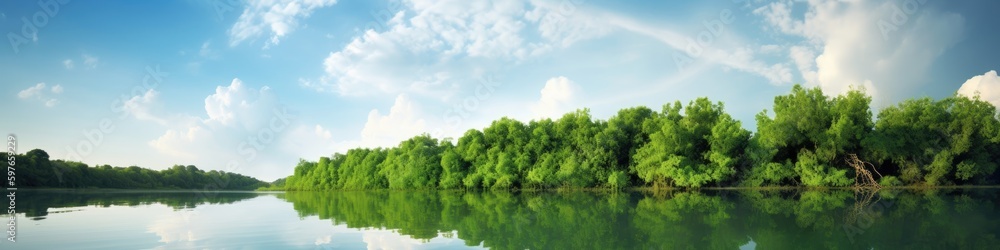 Fototapeta premium Pristine, crystal-clear lake surrounded by lush, verdant foliage, reflecting the sky and clouds. Generative AI