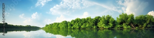 Pristine, crystal-clear lake surrounded by lush, verdant foliage, reflecting the sky and clouds. Generative AI
