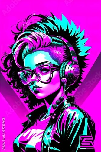 Dj girl with headphones, Cyberpunk woman with Glasses and headphones, Woman in the club, Neon Party, Generative AI
