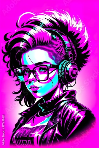 Dj girl with headphones, Cyberpunk woman with Glasses and headphones, Woman in the club, Neon Party, Generative AI