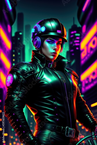 Vaporwave Motorist, Woman in Neon City, Motorist suit, Black suit, Cyberpunk style, Female Motorist, Generative AI © Senze Media