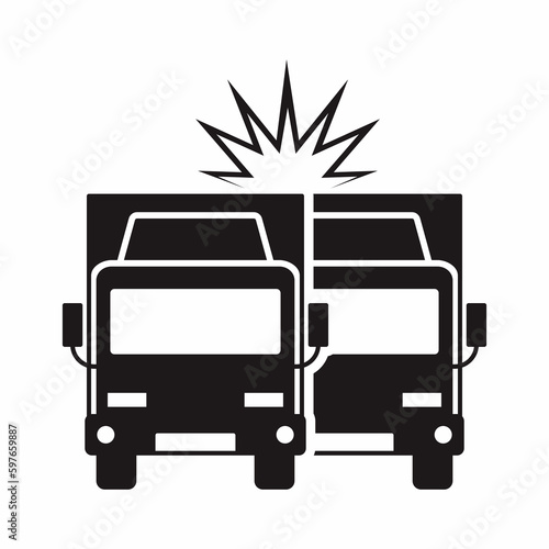 Crash between two cargo trucks. Road incident isolated icon and symbol vector illustration.