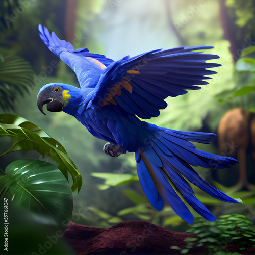 Hyacinth macaw bird | Blue parrot flying in a tropical jungle | AI Generative | Hyper realistic | Photo-realism | Digital art photo
