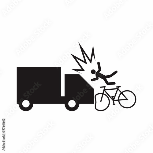 Bicycle crash with cargo truck from front side. Road safety accident vector icon and symbol illustration.