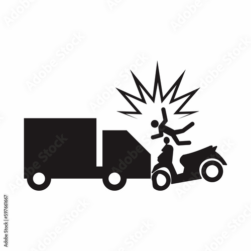 Road safety accident vector illustration. Icon and symbol. Cargo truck crash with motorcycle.