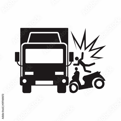 Road safety accident vector illustration. Motorcycle hit the side of truck and the passenger bounce. Isolated vehicle crash icon and symbol.
