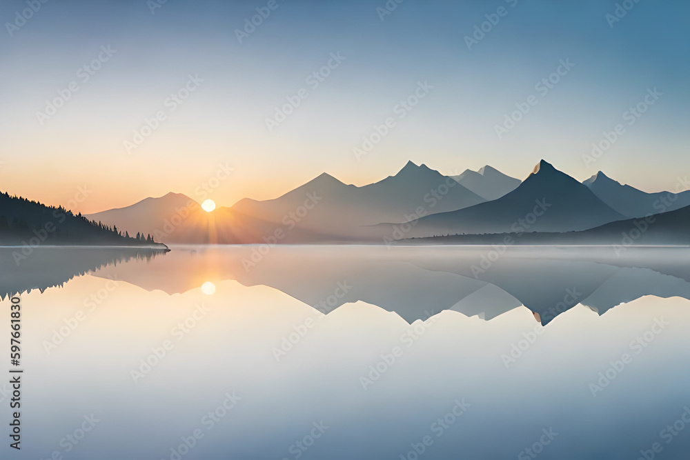 sunrise over the silhouette mountain and lake generative AI