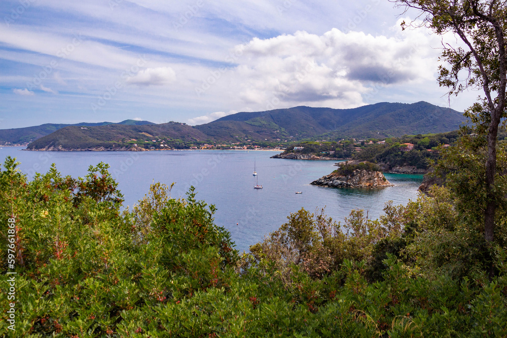 Fototapeta premium View to gulf of Procchio and Biodola and tiny Island Paolina, Elba Island, Italy