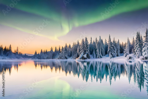 aurora at snowy forest and lake Generative AI © Andsx