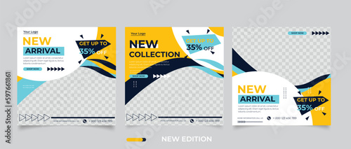 Set of Editable minimal square banner template. Black and yellow background color with stripe line shape. Suitable for social media post and web internet ads. Vector illustration with photo college