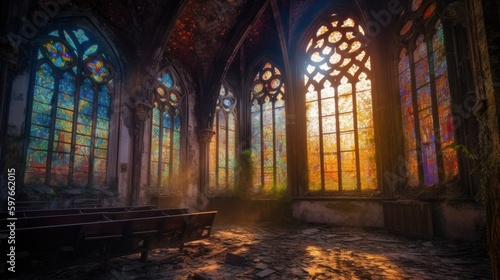Medieval Marvel  An Exploration of Gothic Architecture in a Ruined Church with Stunning Photography and Illumination Set in Historical Europe  Generative ai