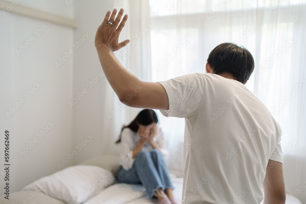 Domestic violence and Family conflict concept, father fighting mother ...