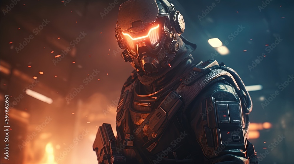 science fiction soldier in a futuristic battlefield, digital art illustration, Generative AI science fiction soldier in a futuristic battlefield, digital art illustration, Generative AI
