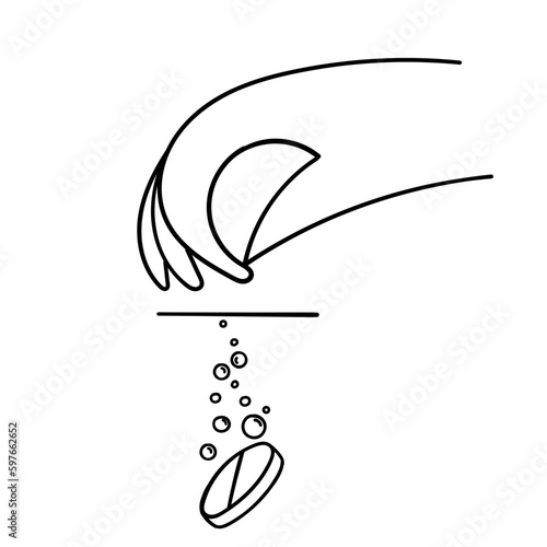 hand drawn doodle hand put soluble tablet pill into water icon illustration