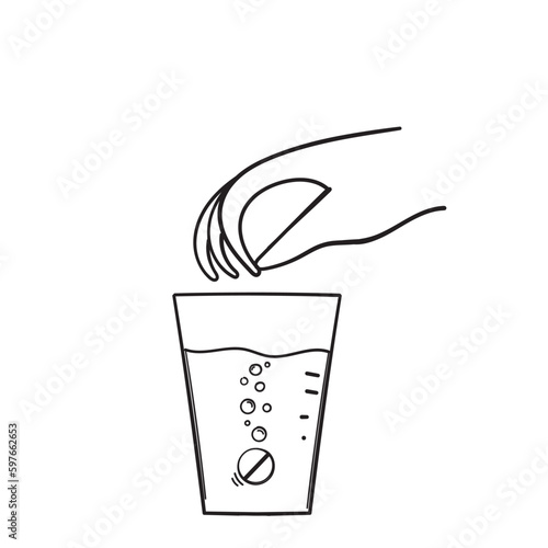 hand drawn doodle hand put soluble tablet pill into water icon illustration