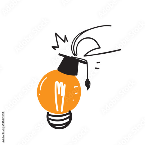 hand drawn doodle person with light bulb and graduation cap illustration vector