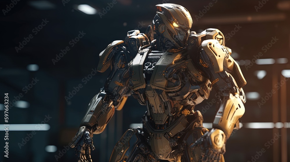 Naklejka premium sci fi mech warrior defensive pose, digital art illustration, Generative AI