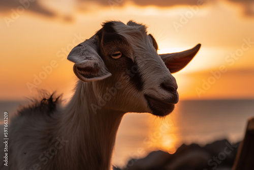 a goat looking at the sunset