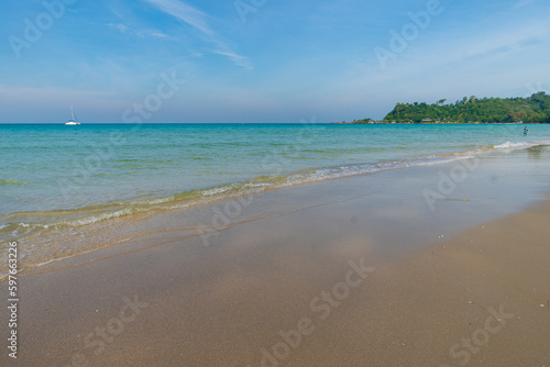 White sand sea beach wave blue sky with cloud summer vacation