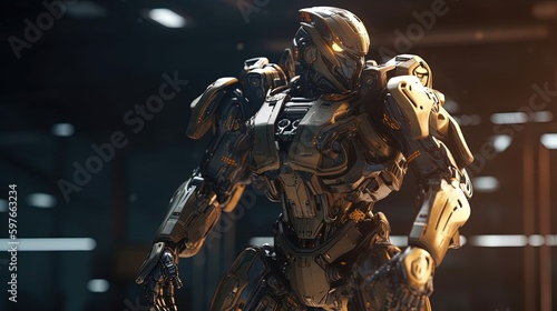 sci fi mech warrior defensive pose, digital art illustration, Generative AI