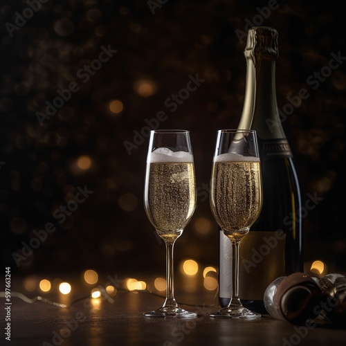 two glasses of champagne and bottle on black bokeh background.