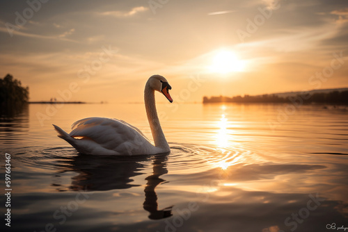 a swan looking at the sunset