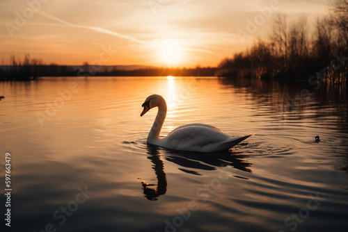 a swan looking at the sunset