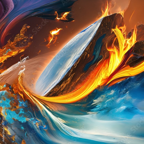 An abstract interpretation of the four elements, with fire, water, earth, and air colliding in a cosmic dance2, Generative AI photo