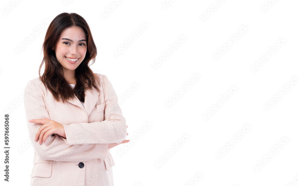 Portrait smiling young business woman crossed arms Happy girl posing with crossed arms and looking at camera over white background and copy space Confident female get happy and feel relax Successful Portrait smiling young business woman crossed arms Happy girl posing with crossed arms and looking at camera over white background and copy space Confident female get happy and feel relax Successful