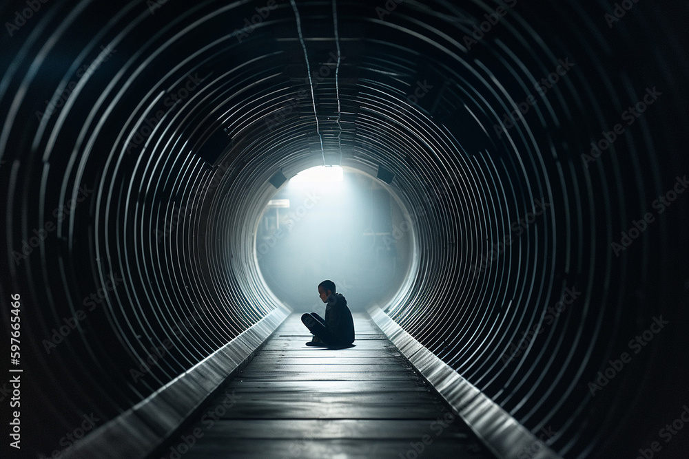Generative Ai image of a person in silhoutte in a tunnel