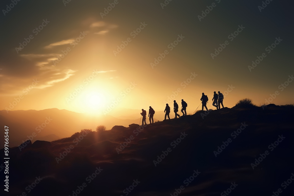 Generative Ai image of a group of people hiking at sunset